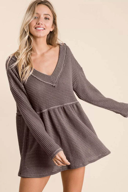 BiBi Waffle Knit V-Neck Babydoll Blouse - Shop Style & More | Fresh Looks, Everyday Deals & Free Shipping