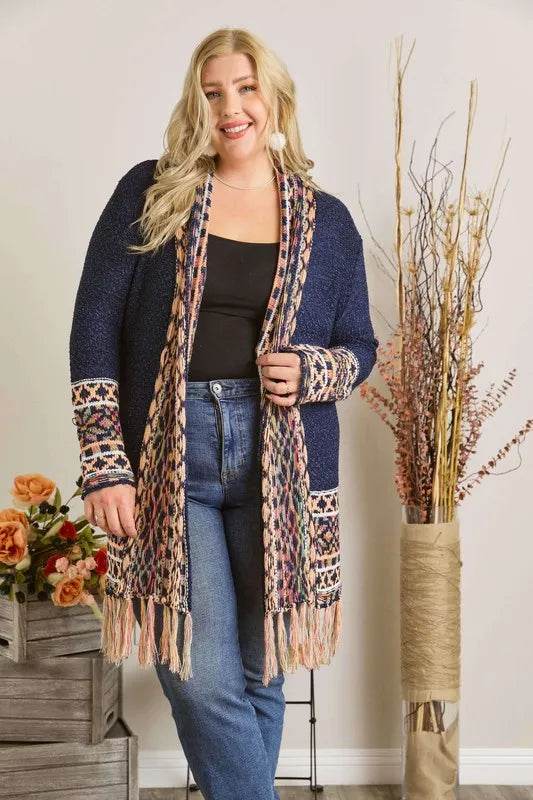 ADORA Full Size Fringe Hem Aztec Border Cardigan Plus Size - Shop Style & More | Fresh Looks, Everyday Deals & Free Shipping