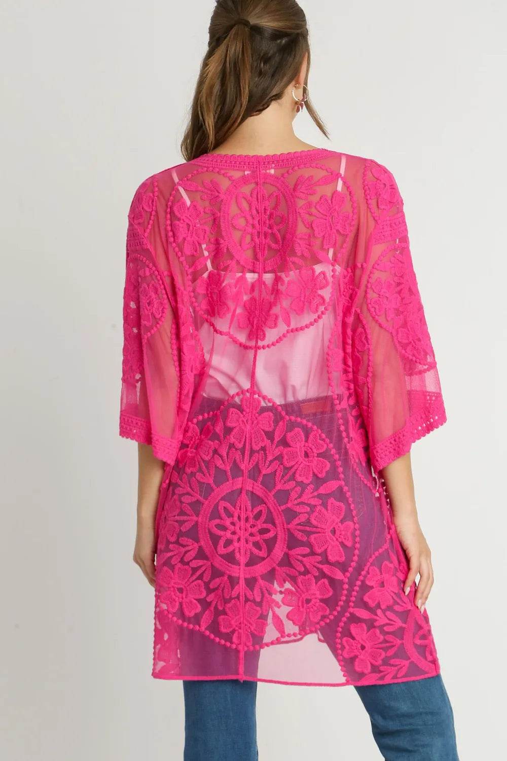 Umgee Full Size Floral Lace Open Front Kimono Sleevee Cover Up with Waist Tie Plus Size - Shop Style & More | Fresh Looks, Everyday Deals & Free Shipping