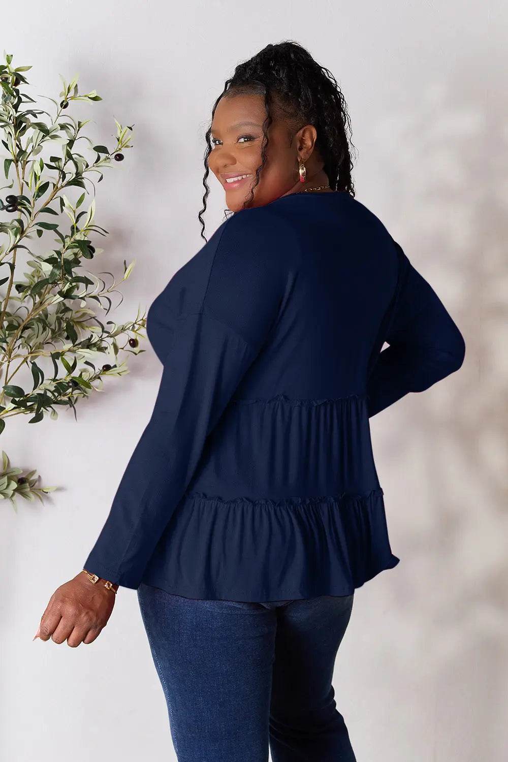 Double Take Half Button Long Sleeve Ruffle Hem Blouse - Shop Style & More | Fresh Looks, Everyday Deals & Free Shipping