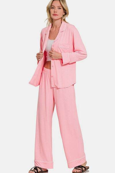 Zenana Button Down Long Sleeve Top and Pants Lounge Set - Shop Style & More | Fresh Looks, Everyday Deals & Free Shipping