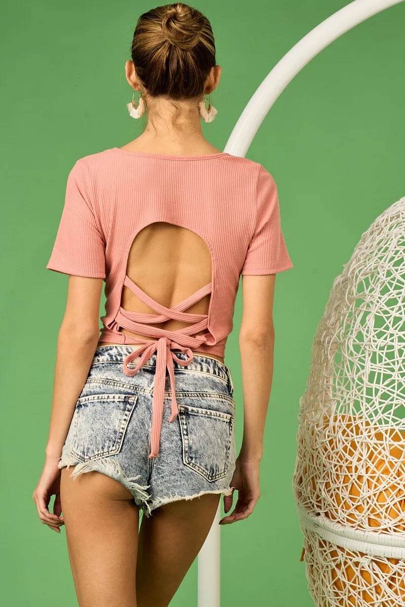 BiBi Rib Knit with Back Cross and Tied Detailed Top - Shop Style & More | Fresh Looks, Everyday Deals & Free Shipping