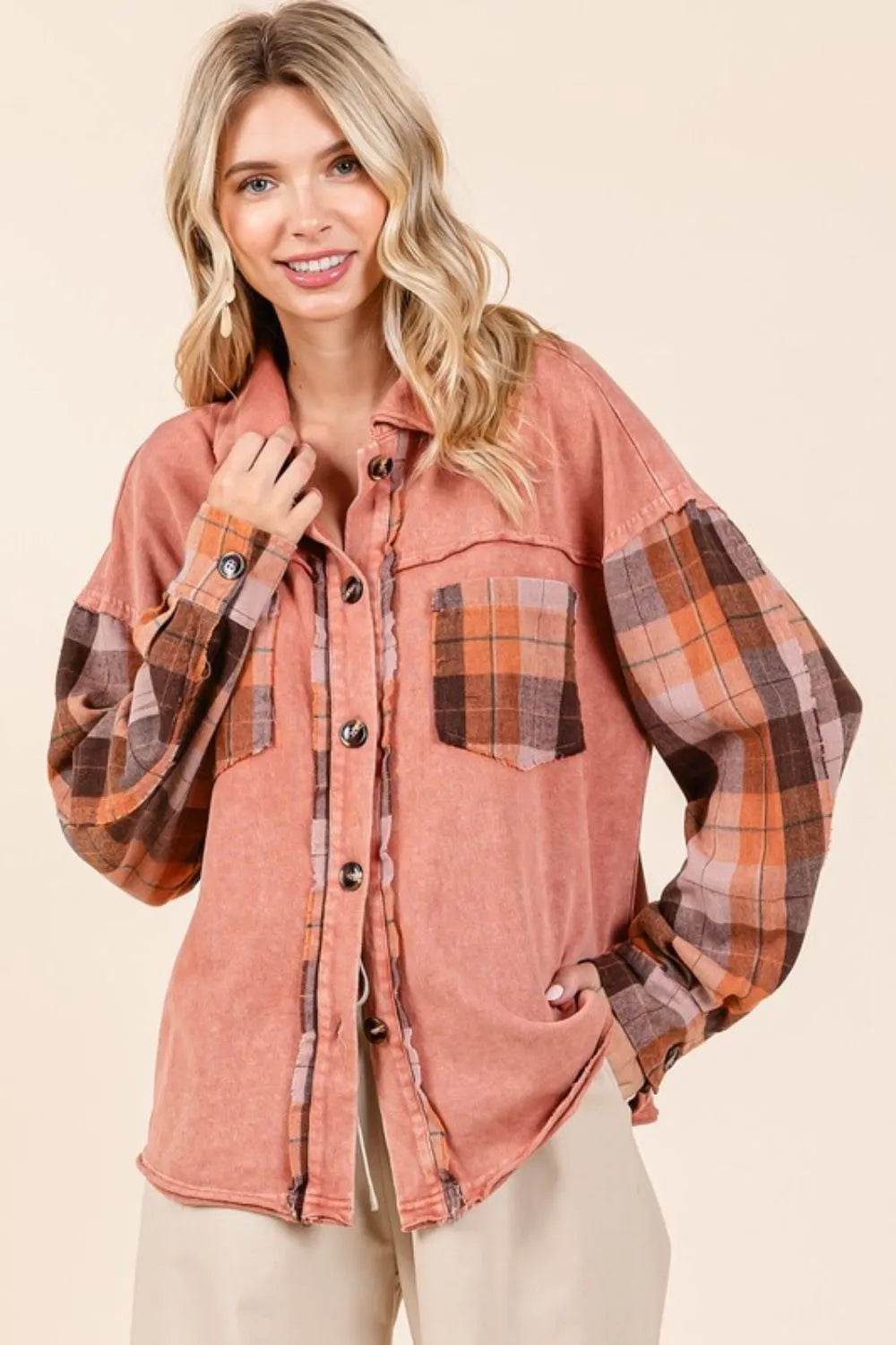 Mittoshop Button Down Contrast Plaid Patchwork Shacket - Shop Style & More | Fresh Looks, Everyday Deals & Free Shipping
