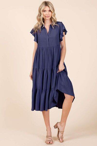 Mittoshop Ruffle Sleeve Collared V Neck Tiered Midi Dress - Shop Style & More | Fresh Looks, Everyday Deals & Free Shipping