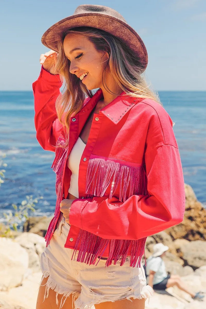 BiBi Rhinestone Fringe with Studed Collar Jacket Women's Outerwear