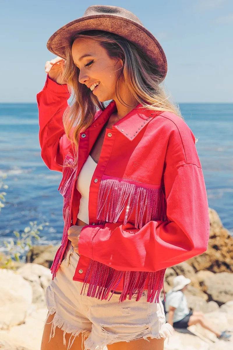 BiBi Rhinestone Fringe with Studed Collar Jacket - Shop Style & More | Fresh Looks, Everyday Deals & Free Shipping