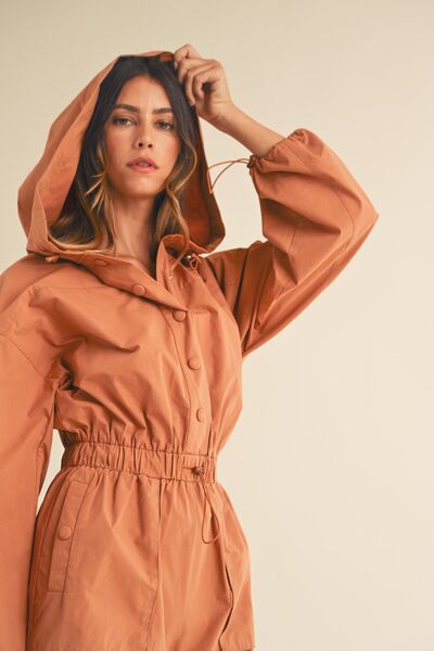 Mable Snap Down Long Sleeve Hooded Romper Jumpsuits