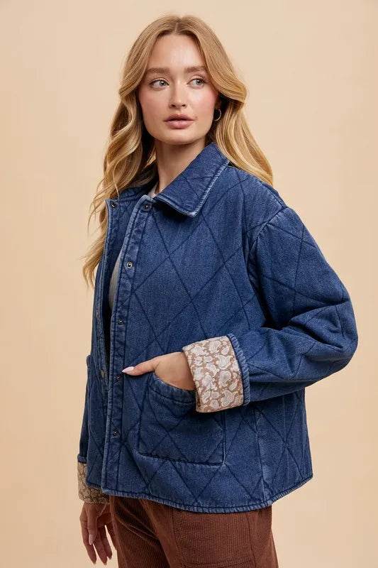 Annie Wear Quilted Printed Lining Snap Down Denim Jacket - Shop Style & More | Fresh Looks, Everyday Deals & Free Shipping