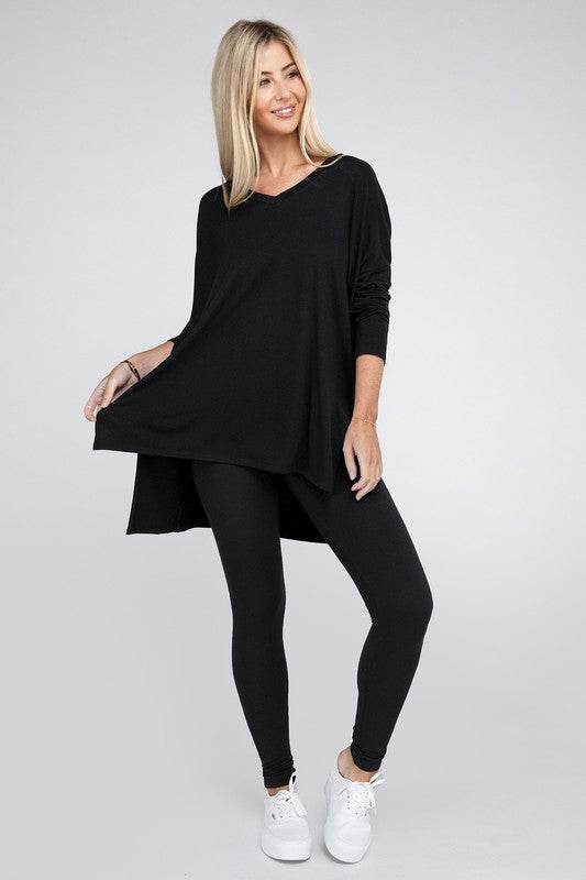 Dolman Long Sleeve V-Neck Side Slit Hi-Low Hem Top - Shop Style & More | Fresh Looks, Everyday Deals & Free Shipping