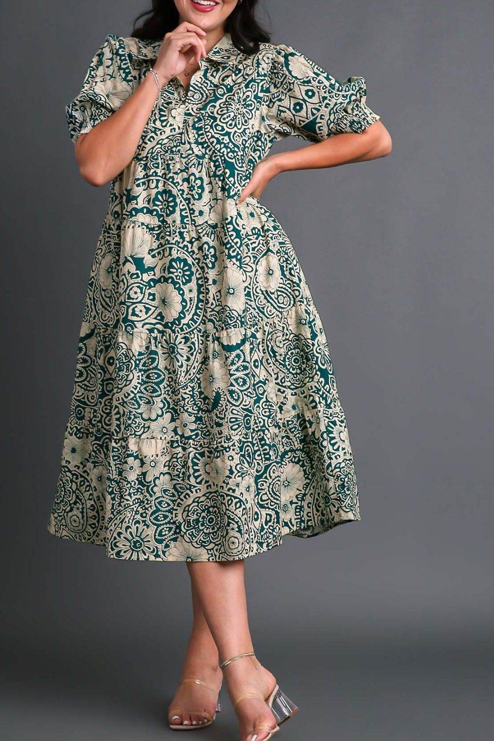 Umgee Full Size Printed Smocked Cuff Puff Sleeve Midi Dress Plus Size - Shop Style & More | Fresh Looks, Everyday Deals & Free Shipping