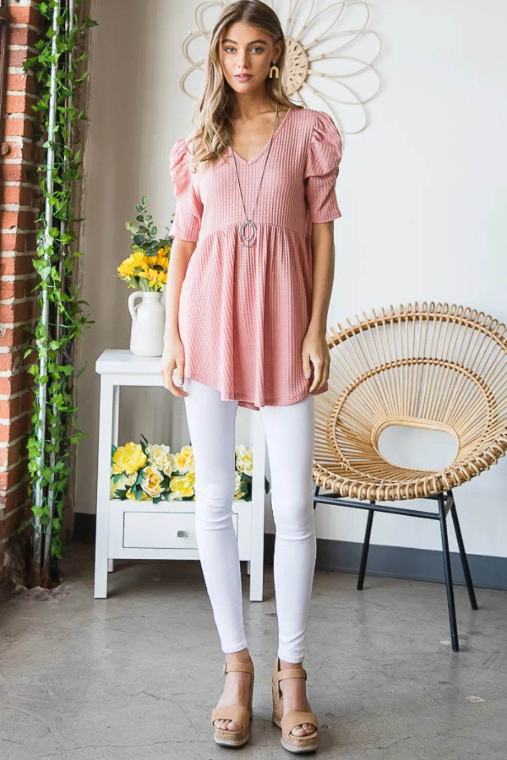 Heimish Full Size Waffle Knit V-Neck Babydoll Top - Shop Style & More | Fresh Looks, Everyday Deals & Free Shipping