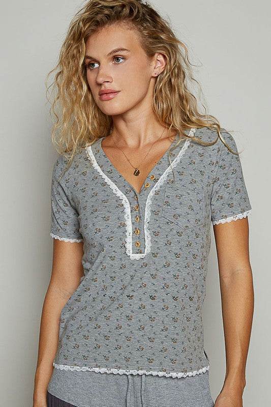POL Lace Detail Floral V-Neck Button Detail Short Sleeve T-Shirt - Shop Style & More | Fresh Looks, Everyday Deals & Free Shipping