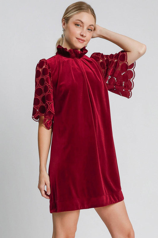Umgee Dotted Lace Half Sleeve Mock Neck Back Tie Velvet Dress - Shop Style & More | Fresh Looks, Everyday Deals & Free Shipping