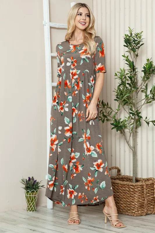 BOMBOM Floral Round Neck Short Sleeve Maxi Tee Dress - Shop Style & More | Fresh Looks, Everyday Deals & Free Shipping