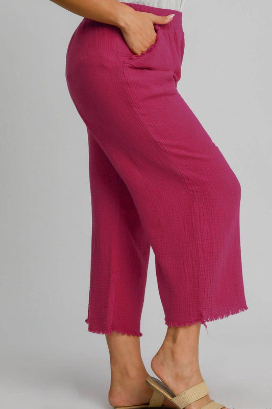 Umgee Full Size Raw Hem Elastic Waist Wide Leg Pants Plus Size - Shop Style & More | Fresh Looks, Everyday Deals & Free Shipping