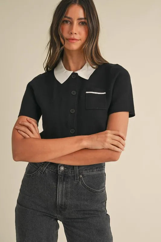 MABLE Button Down Contrast Collared Knit Cardigan Black Women's Outerwear