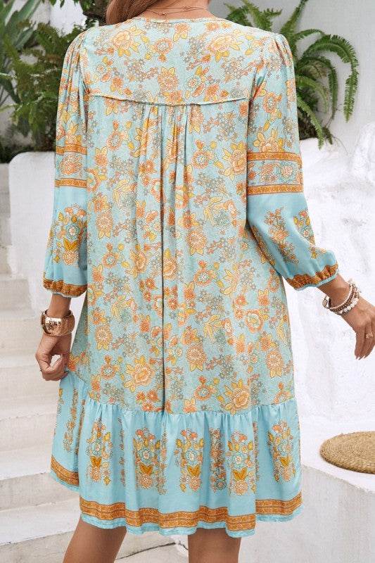 Ruched Bohe Print V Neck Ruffle Hem Tassel Dress - Shop Style & More | Fresh Looks, Everyday Deals & Free Shipping
