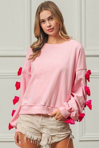 BiBi Velvet Ribbon Bows Long Sleeve Round Neck Sweatshirt - Shop Style & More | Fresh Looks, Everyday Deals & Free Shipping