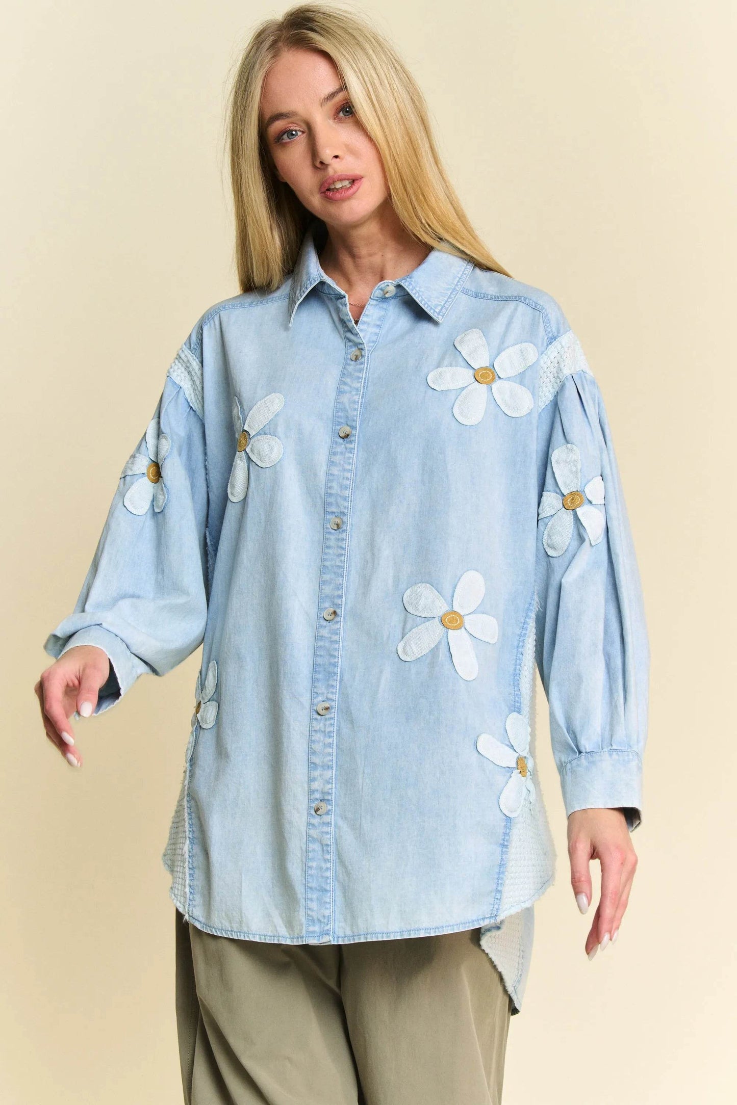 Davi & Dani Lightweight Washed Daisy Patch Waffle Knit Shirt - Shop Style & More | Fresh Looks, Everyday Deals & Free Shipping