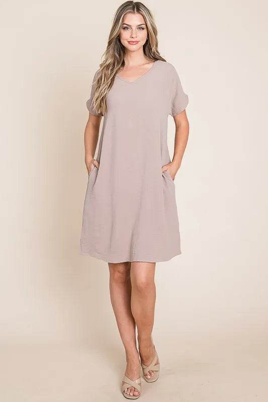 BOMBOM V-Neck Short Sleeve Dress with Pockets - Shop Style & More | Fresh Looks, Everyday Deals & Free Shipping