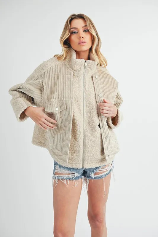 Aemi + Co Fake Two Pieces Turtleneck Sherpa Jacket with Pockets Sand Women's Outerwear