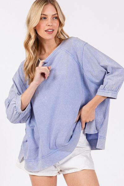 SAGE + FIG Mineral Washed Side Slit Round Neck Sweatshirt Hoodies & Sweaters