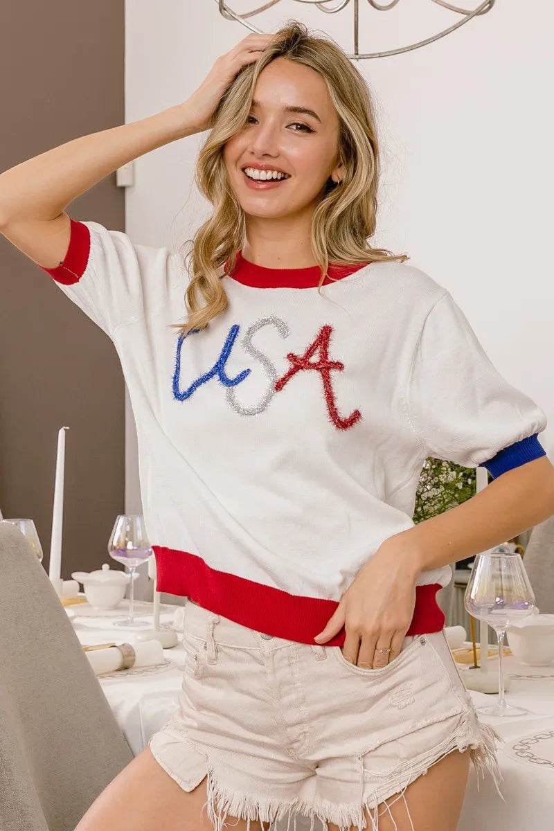BiBi USA Metallic Letter Color Block Knit Top - Shop Style & More | Fresh Looks, Everyday Deals & Free Shipping