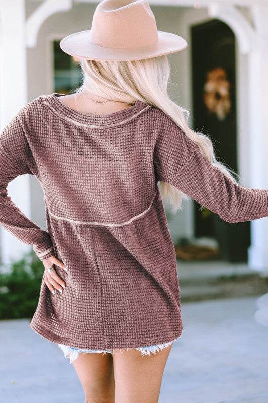 Liana Waffle Knit V Neck Long Sleeve Babydoll Top - Shop Style & More | Fresh Looks, Everyday Deals & Free Shipping