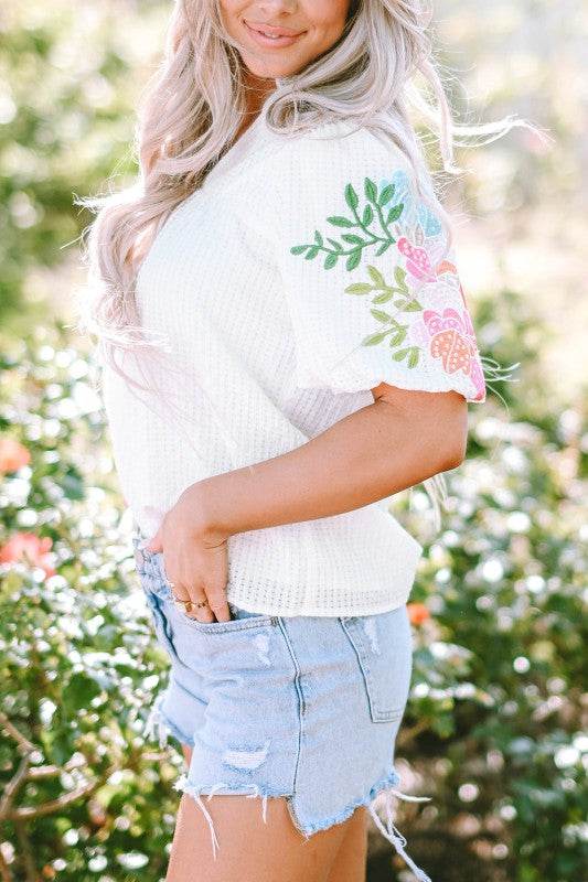 Priscilla Embroidered Puff Sleeve Notched Neck Blo - Shop Style & More | Fresh Looks, Everyday Deals & Free Shipping