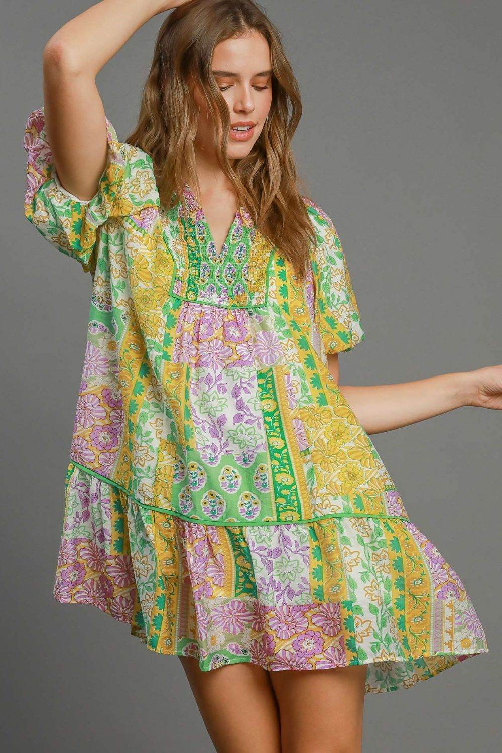 Umgee Full Size Smocked Floral Puff Sleeve Mini Dress Plus Size - Shop Style & More | Fresh Looks, Everyday Deals & Free Shipping