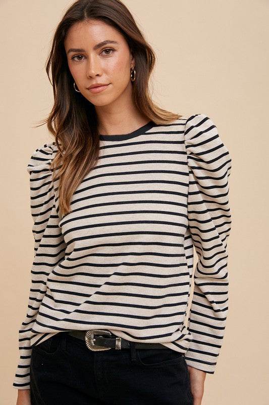 Annie Wear Striped Round Neck Puff Sleeve French Terry Top - Shop Style & More | Fresh Looks, Everyday Deals & Free Shipping