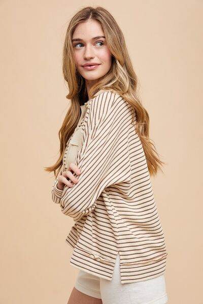 Annie Wear Striped Button Detail Long Sleeve Polo Top - Shop Style & More | Fresh Looks, Everyday Deals & Free Shipping