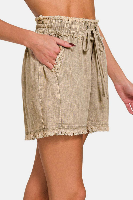 Zenana Washed Linen Frayed Hem Drawstring Shorts - Shop Style & More | Fresh Looks, Everyday Deals & Free Shipping