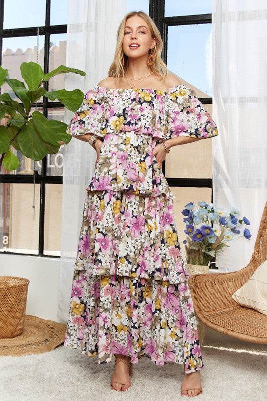 ADORA Layered Floral Off-Shoulder Short Sleeve Maxi Dress - Shop Style & More | Fresh Looks, Everyday Deals & Free Shipping