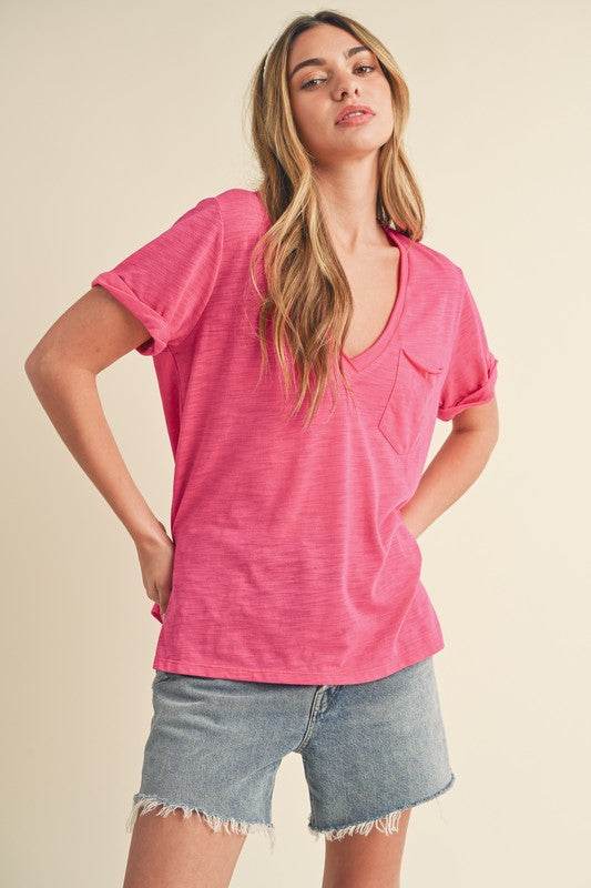 Aemi + Co Side Slit V-Neck Short Rolled Sleeve T-Shirt - Shop Style & More | Fresh Looks, Everyday Deals & Free Shipping