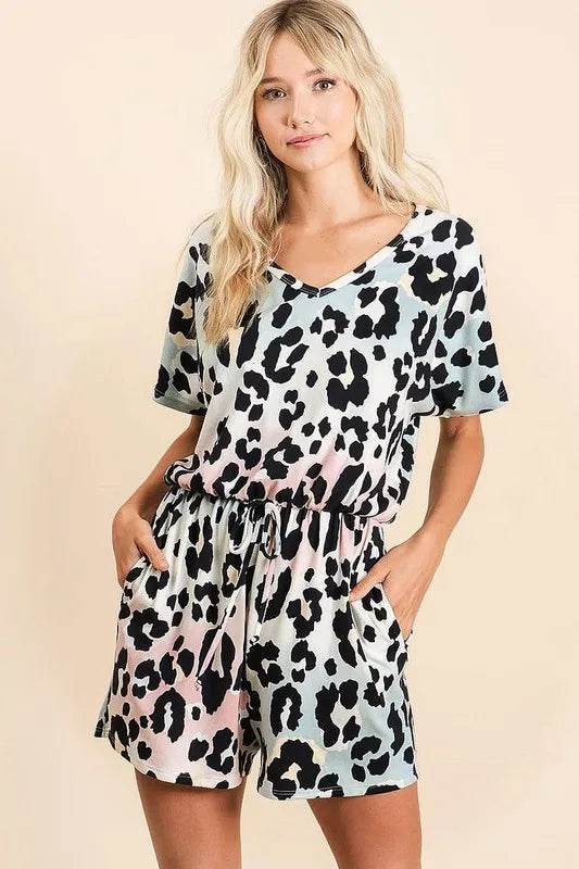 BiBi Gradation Leopard Soft Knit V-neck Romper - Shop Style & More | Fresh Looks, Everyday Deals & Free Shipping