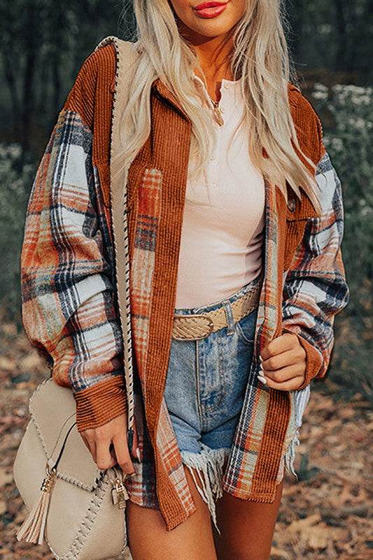 Plaid Corduroy Patchwork Chest Pocket Shacket - Shop Style & More | Fresh Looks, Everyday Deals & Free Shipping