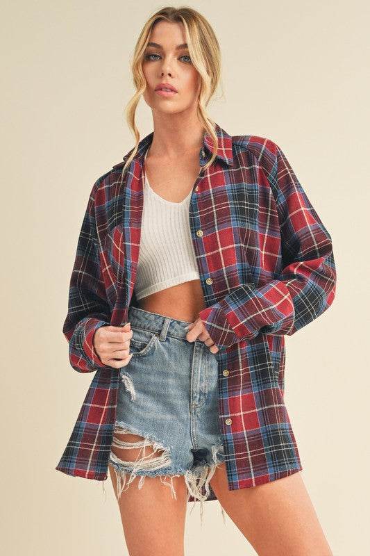 Aemi + Co Flannel Plaid Button Up Raglan Sleeve Shirt - Shop Style & More | Fresh Looks, Everyday Deals & Free Shipping