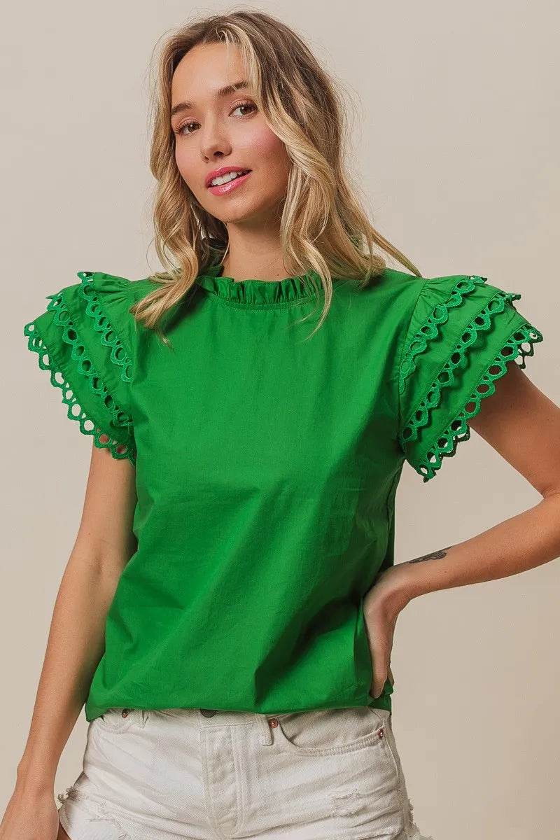BiBi Solid Woven Circle Trim Ruffle Top - Shop Style & More | Fresh Looks, Everyday Deals & Free Shipping