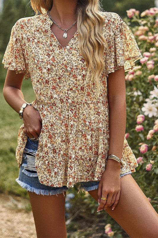 Floral Ruched V Neck Ruffle Short Sleeve Blouse - Shop Style & More | Fresh Looks, Everyday Deals & Free Shipping
