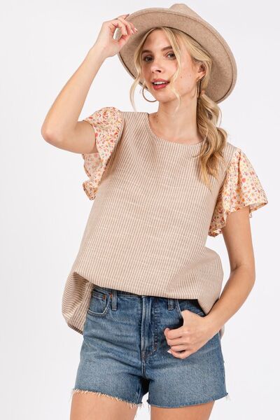 Ces Femme Round Neck Floral Short Sleeve Top Blouses