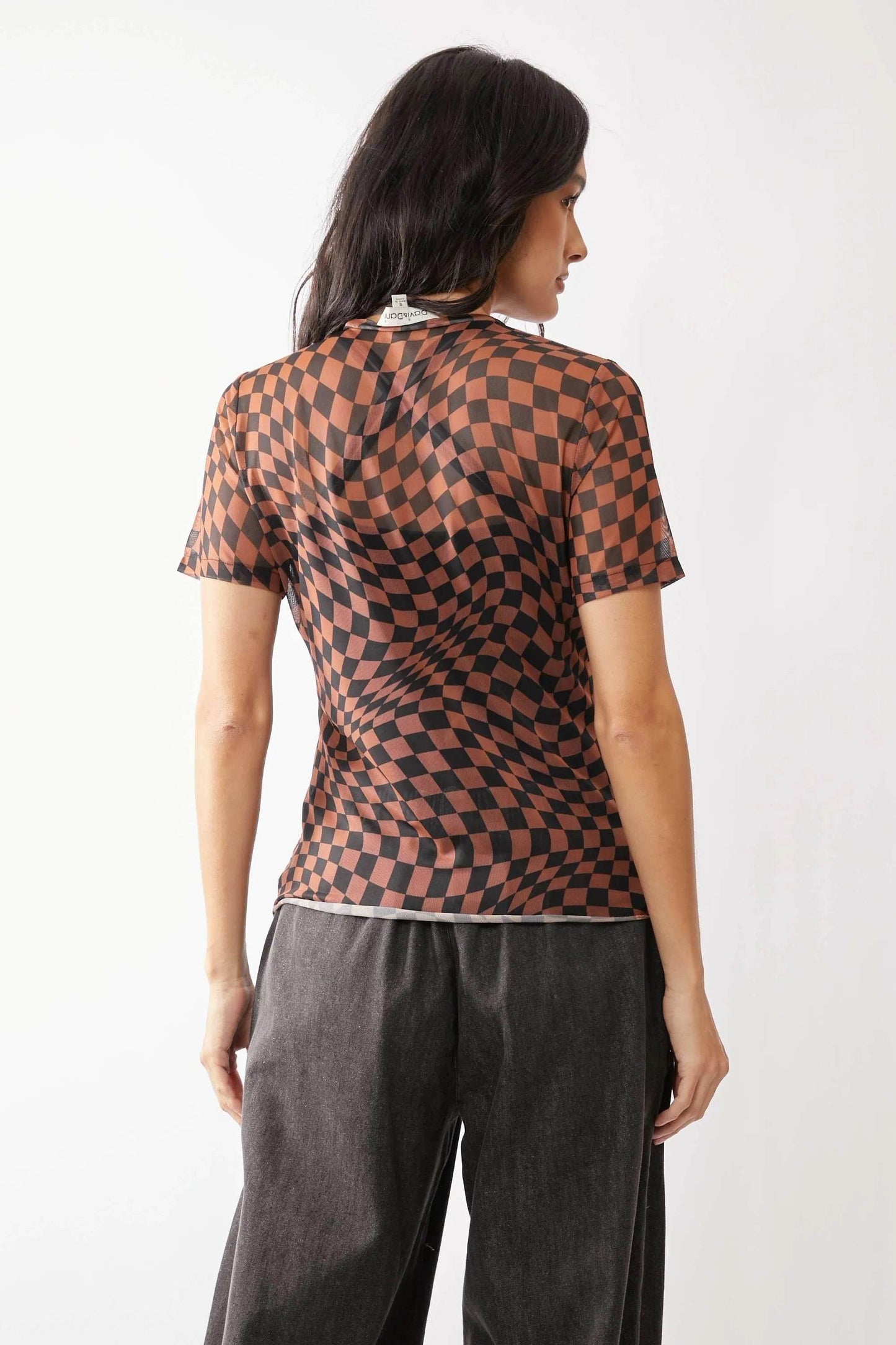 Davi & Dani Checker Board Printed Mesh Short Sleeve Top - Shop Style & More | Fresh Looks, Everyday Deals & Free Shipping