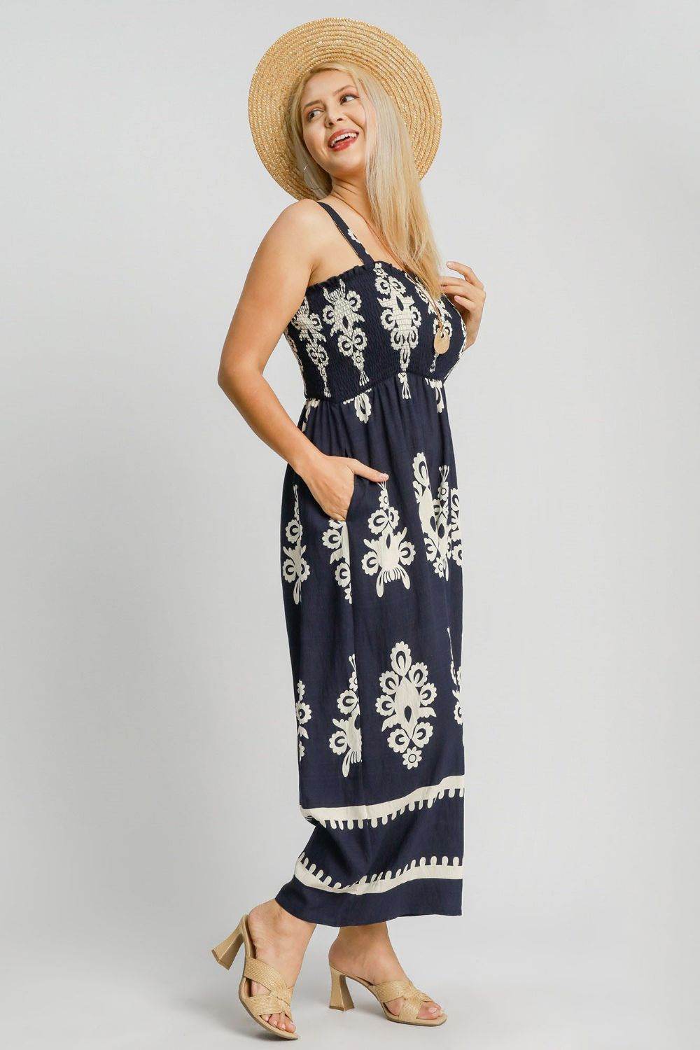 Umgee Full Size Smocked Printed Wide Leg Jumpsuit Plus Size - Shop Style & More | Fresh Looks, Everyday Deals & Free Shipping