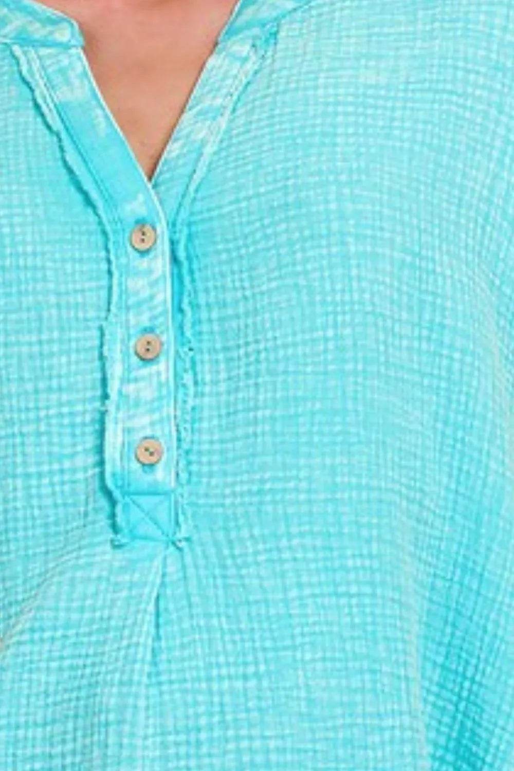 Zenana Washed Double Gauze 3/4 Button Henley Neck Shirt - Shop Style & More | Fresh Looks, Everyday Deals & Free Shipping