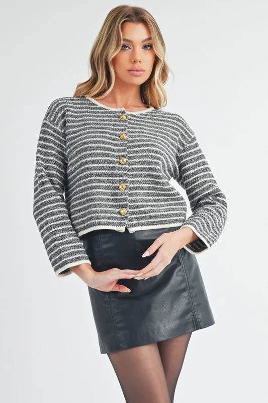 Aemi + Co Striped Button Down Round Neck Cardigan - Shop Style & More | Fresh Looks, Everyday Deals & Free Shipping
