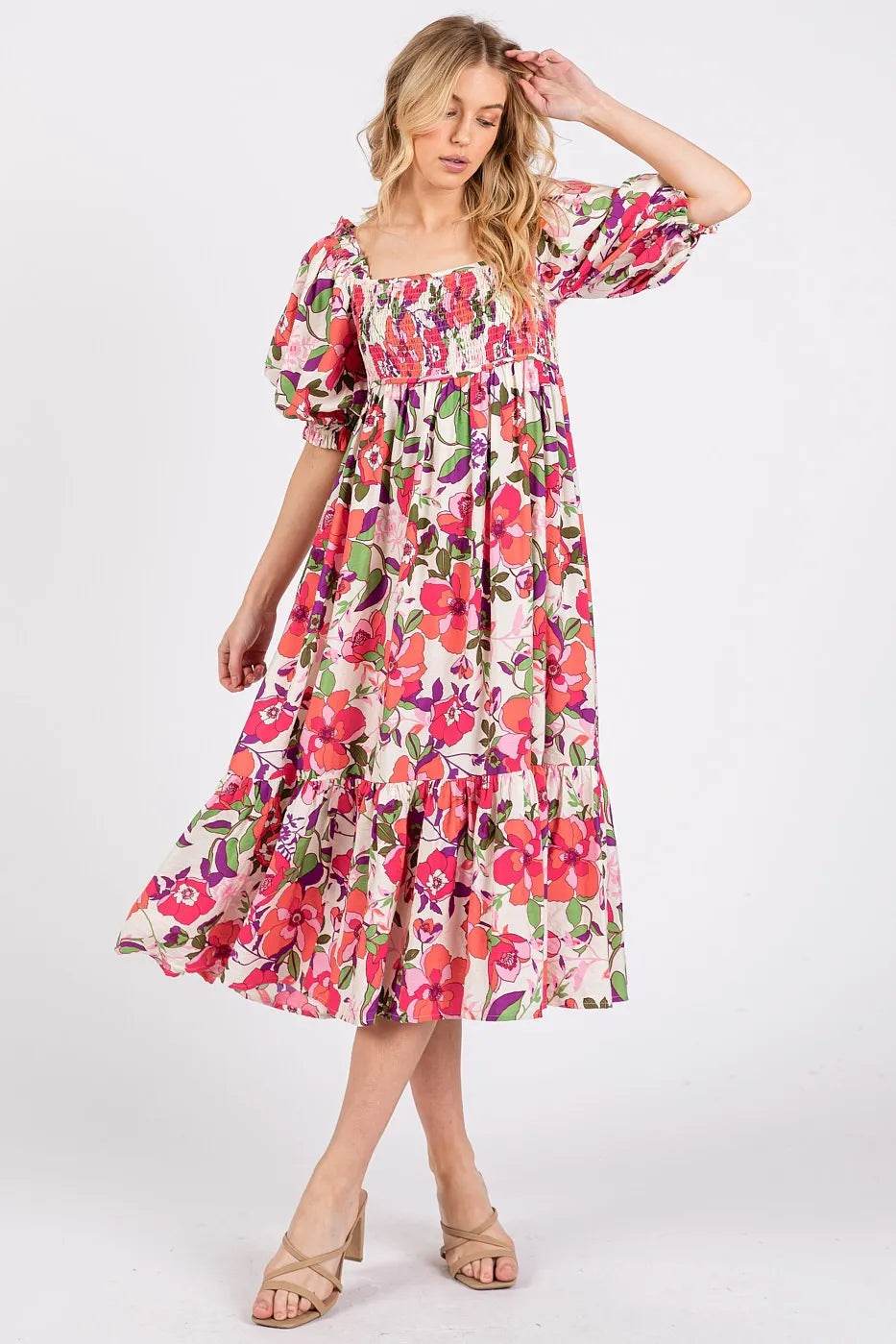 Mittoshop Flower Print Puff Sleeve Ruffle Smocked Midi Dress - Shop Style & More | Fresh Looks, Everyday Deals & Free Shipping