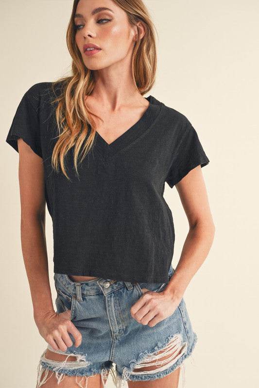 Aemi + Co Side Slit V-Neck Short Sleeve Cropped T-Shirt - Shop Style & More | Fresh Looks, Everyday Deals & Free Shipping