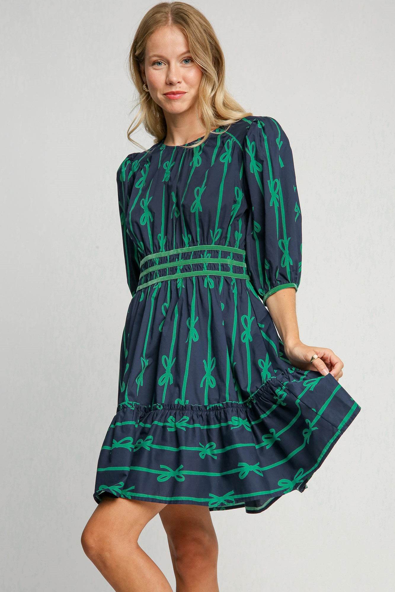 Umgee Ribbon Print Frill Contrast Velvet Trim Half Sleeve Dress - Shop Style & More | Fresh Looks, Everyday Deals & Free Shipping