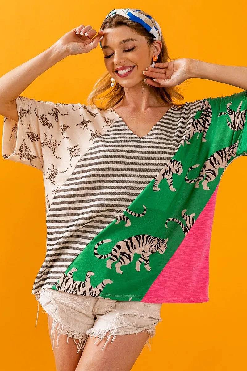 BiBi Tiger W Stripe Contrast Color Block V Neck Top - Shop Style & More | Fresh Looks, Everyday Deals & Free Shipping