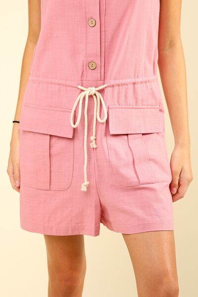 VERY J Half Button Drawstring Sleeveless Romper Jumpsuits